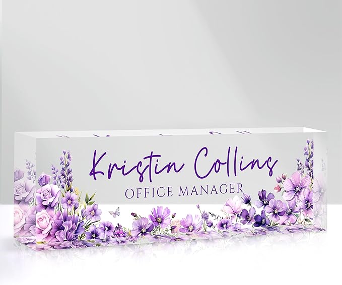 Custom Name Plate for Desk, Personalized Desk Name Plate on Clear Acrylic Glass, Appreciation Gifts for Teacher Employee Boss Coworkers Nurse, Office Desk Accessories for Women Men (Eggplant)