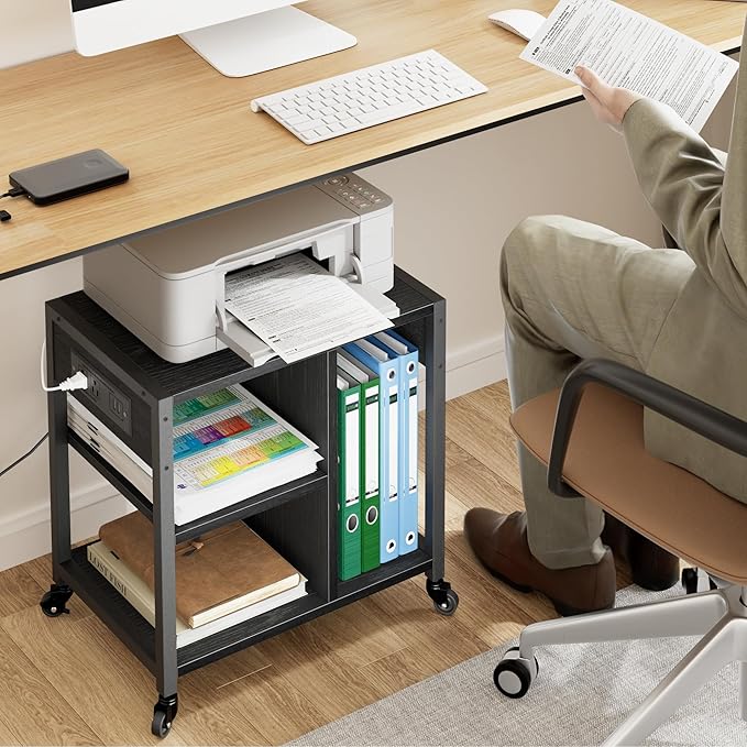 GarveeLife Small Printer Stand with Power Outlets, Rolling Printer Table with Lockable Wheels, Under Desk Printer Cart with Storage, Utility Storage Cart for Home, Office, Black