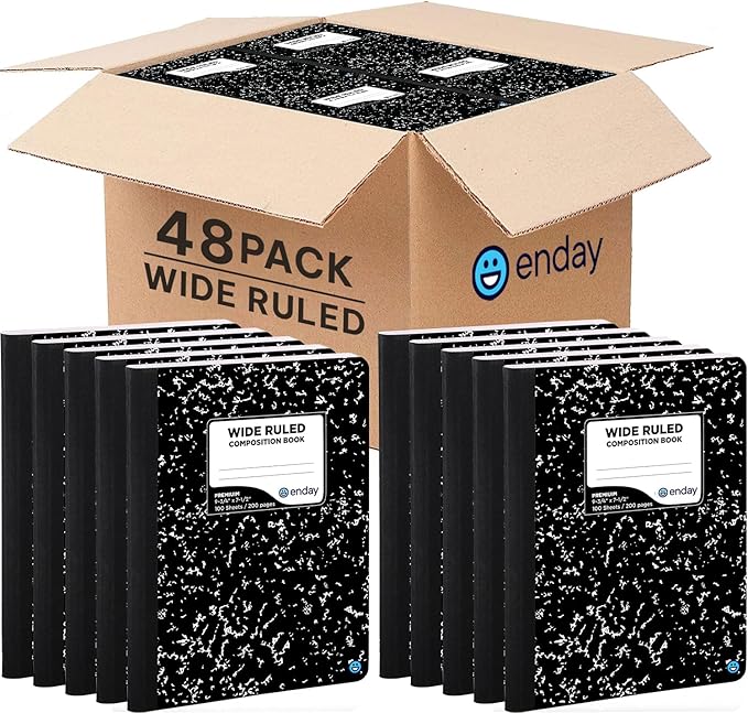 Emraw Composition Notebooks (48 Pack) Wide Ruled Paper Bulk, Hard Cover Composition Notebook, Lined Composition Books, 200 Pages (100 Sheets), Wide Ruled Notebook, (Black Marble)