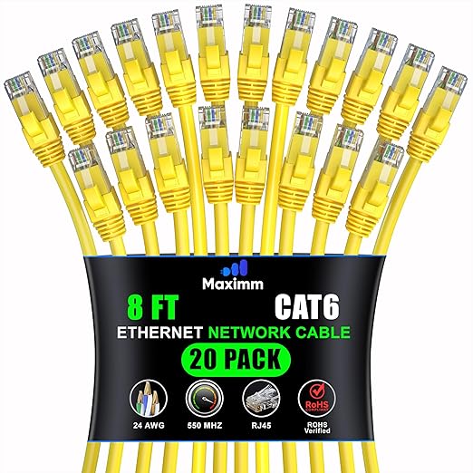 Maximm Cat 6 Ethernet Cable 8 ft (20-Pack) - High-Speed LAN Cable, Internet Cable, Patch Cable, and Network Cable - UTP, 10Gbps, 550MHz Ethernet Cord - Yellow
