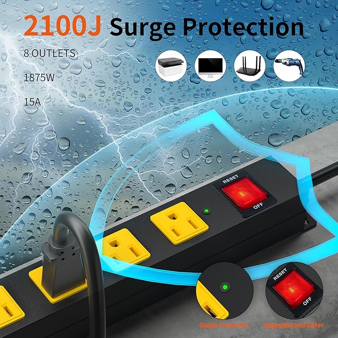 8 Outlet Metal Heavy Duty Long Power Strip, 2100J Surge Protector with 10 FT Extension Cord, Wide Spaced and Wall Mount Powerstrip for Home, Industrial, Workshop & Garage (10FT)