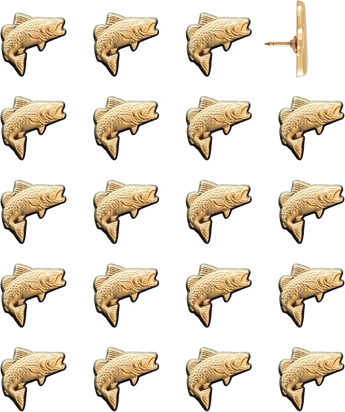 Fish Push Pins - Gold Trout Map Pins - Fishing Map Tacks for Cork Boards, Maps, or Lapel Use - Designed in USA - Set of 20