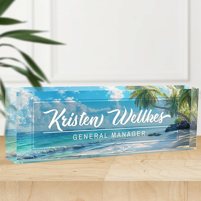 Personalized Office Name Plate, Custom Name Plate for Desks, Office Desk Decorations Gift for Women Men, Acrylic Desk Name Plate for Teacher Coworkers Staff Boss (Summer Sea Breeze)