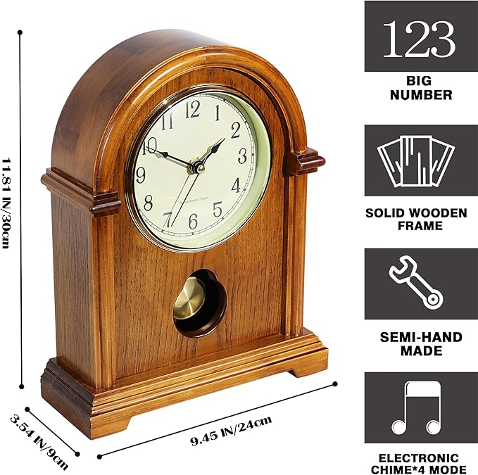 AYRELY® Grandfather Mantel Clock with Hour/Quarter-Hour Chime,Elegant Wooden Frame,Gold-Tone Pendulum Table Clocks Battery Operated,Desk Shelf Vintage Clock for Living Room,Home Decor Gift