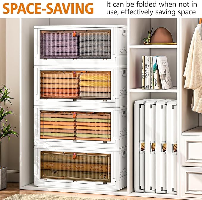 4 Tier Storage Bins with Lids 102QT - Stackable Containers with Wheels, Folding Boxes, Set of 25