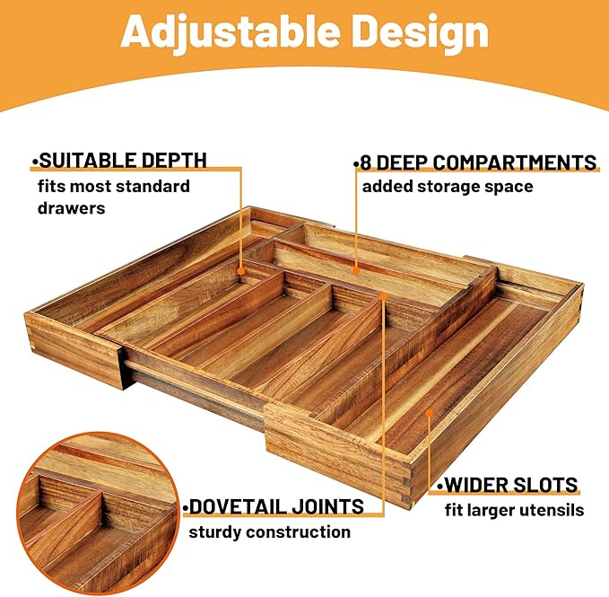 Acacia Wood Expandable Silverware Organizer, Kitchen Utensil Drawer Organizer for Forks & Spoons, 8-Compartment Cutlery Tray, Flatware Holder