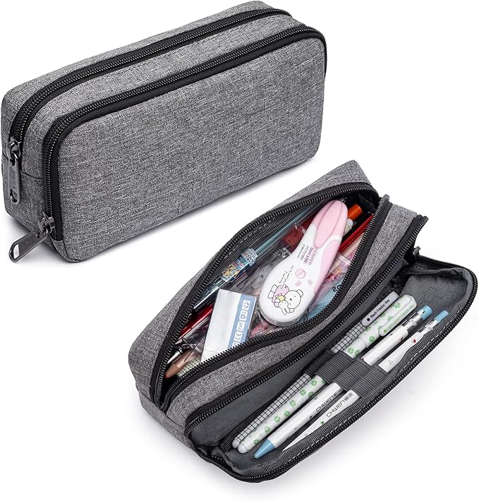 Della Gao Big Capacity Pencil Pen Case Nylon Large Pencil Pouch Simple Stationery Bag Office Organizer Pen Bag for Men Women - Grey