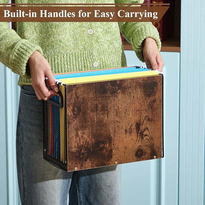 2 Packs Hanging File Folder Organizer Filing Box with Handles for Letter Size Folders Vintage File Organizer Holder for Desk Space-Saving Storage Bin for Office/Home, 12.2" x 5.3" x 9.8"