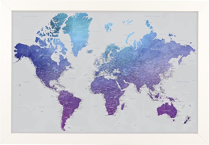 Push Pin Travel Maps - Vibrant Violet Watercolor World - Textured White Framed Pin Map for Tracking Your Travels - 27.5" x 39.5" - 8 Handcrafted Frame Options - Made in USA - Ideal for Any Traveler