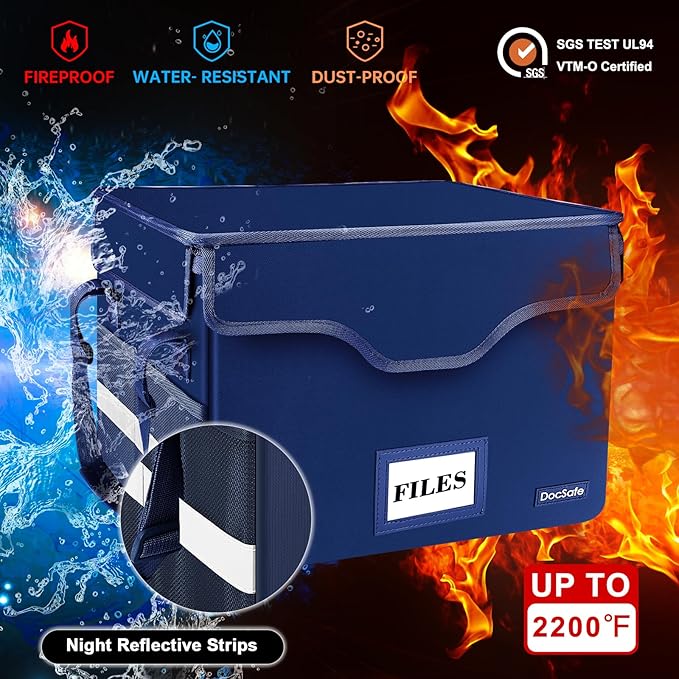 DocSafe Fireproof Document Box with Lock,File Storage Organizer with Pockets,Collapsible Portable File Box Home Office Safe Filing Cabinet with Handle for Hanging Letter/Legal Folders,Blue,2 Pack