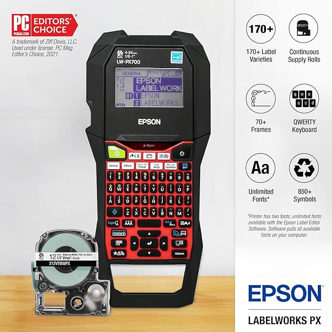 Epson LABELWORKS LW-PX700 Industrial Label Maker Kit & 212IBYPX Genuine PET (Polyester) Tape Cartridge - Black on Yellow Label Maker Tape, Strong Adhesive - 1/2" (12MM) Wide, 30'