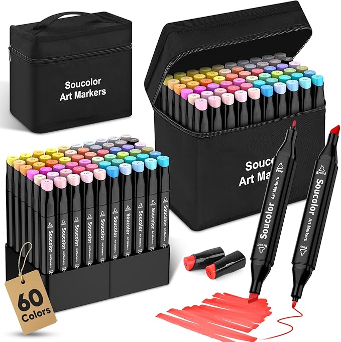 Soucolor Alcohol Markers Set, 60 Colors Dual Tip Art Alcohol Markers for Adults Coloring Drawing Sketching Book Painting Card Making Illustration
