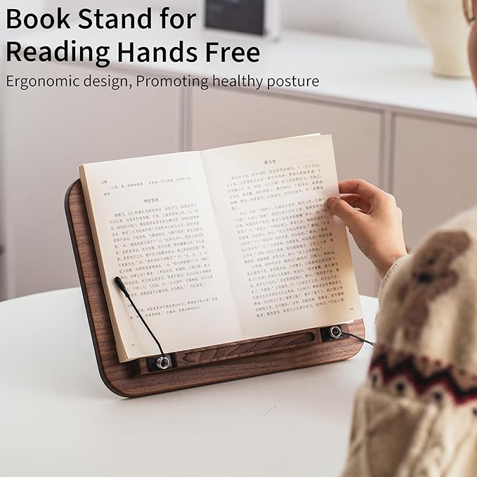 Portable Book Stand for Reading, Adjustable Wooden Laptop Stand. Foldable Desktop Stand for Cookbook, Fits All Books (Walnut, Chinoiserie Simple)