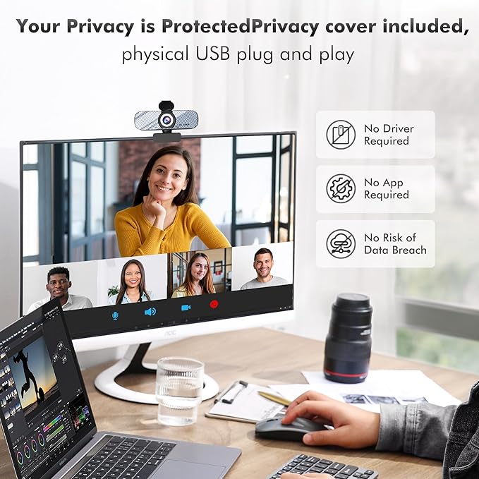 Gozvrpus USB HD Webcam with Built-in Microphone and Rotatable Tripod, 1080P Video, Wide Angle Camera, Privacy Cover, for Desktop PC or Laptop Computer（White）