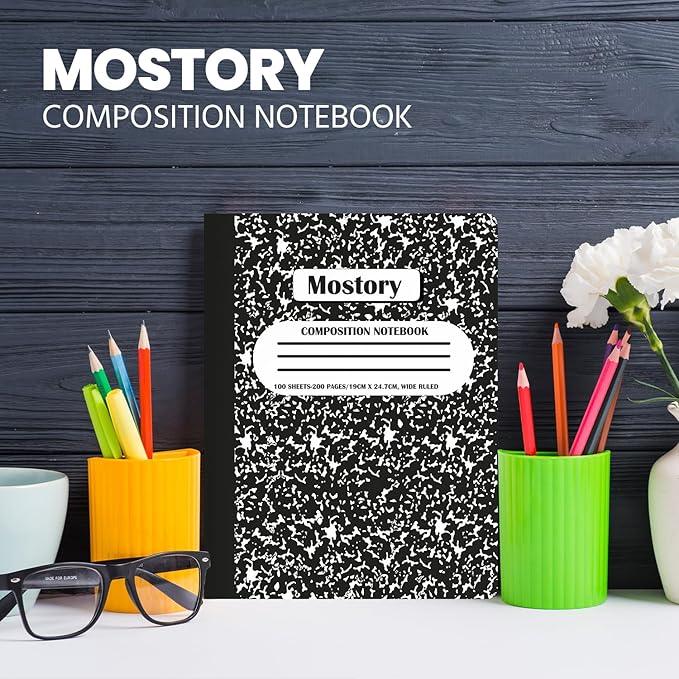 MOSTORY Pack of 5 Composition Notebook - Wide Ruled 200 Pages (100 Sheets), Size 7.5" x 9.75", Bulk School Supplies, Office, Bulk Notebooks for School, Writing Journal Notebook with Lined Paper