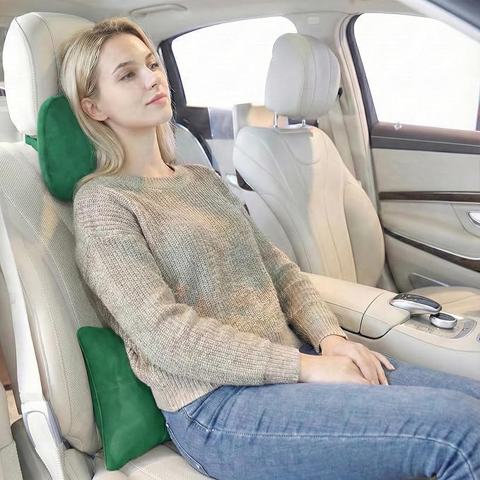 2PCS Car Pillow for Car Neck Pillow for Driving Seat Lumbar Support Soft Cushion with Extra Filling Accessories Back Support for Travel Nap and Trips Sleeping (Green, Head and Lumbar)