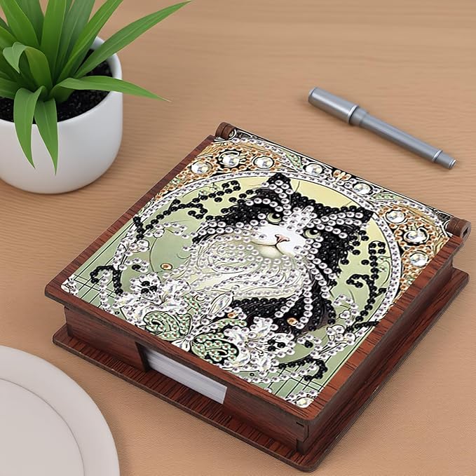 Wooden DIY Black White Cat Diamond Art Notecard Box – DIY Gem Art Sticky Note Holder for Adults 160 Sheets Memo Pad Storage