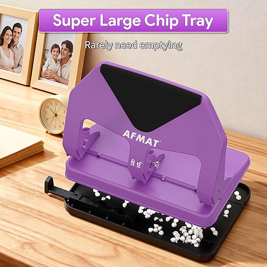 AFMAT Heavy Duty 3 Hole Punch, 50-Sheet Capacity, 50% Reduced Effort Three Hole Puncher for Binder, 10K+ Uses, Large Chip Tray, Adjustable Paper Guide, Office Metal Paper Puncher 3 Ring HP20(Purple)