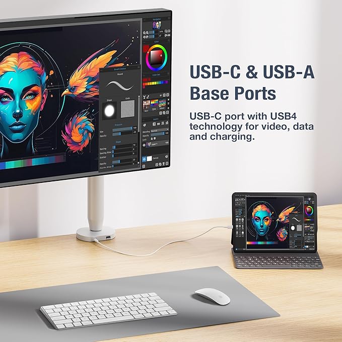 AVLT Single 17"-40" Ultrawide 3-Segment Easel Monitor Arm for Screens Up to 24.3 lbs, Aluminum Designer Stand, Adjustable Pneumatic Height, Full Motion Swivel Tilt Rotation, USB-C USB-A Ports, White