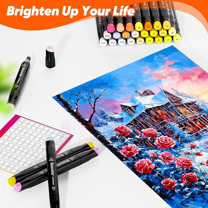 Soucolor Alcohol Markers Set, 60 Colors Dual Tip Art Alcohol Markers for Adults Coloring Drawing Sketching Book Painting Card Making Illustration