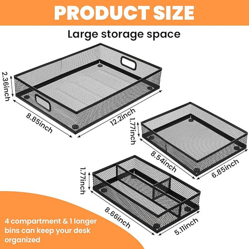 3 Pcs Office Drawer Organizer 3 Pack, Office Supplies Desk, Black Mesh Drawer Organizer Hold Pens & A4 Sized File, 12 x 9 Inches