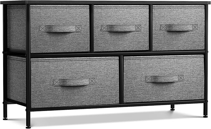 Sorbus Dresser with 5 Drawers - Storage Chest Organizer Unit with Steel Frame, Wood Top, Easy Pull Fabric Bins - Long Wide TV Stand for Bedroom Furniture, Hallway, Closet & Office Organization