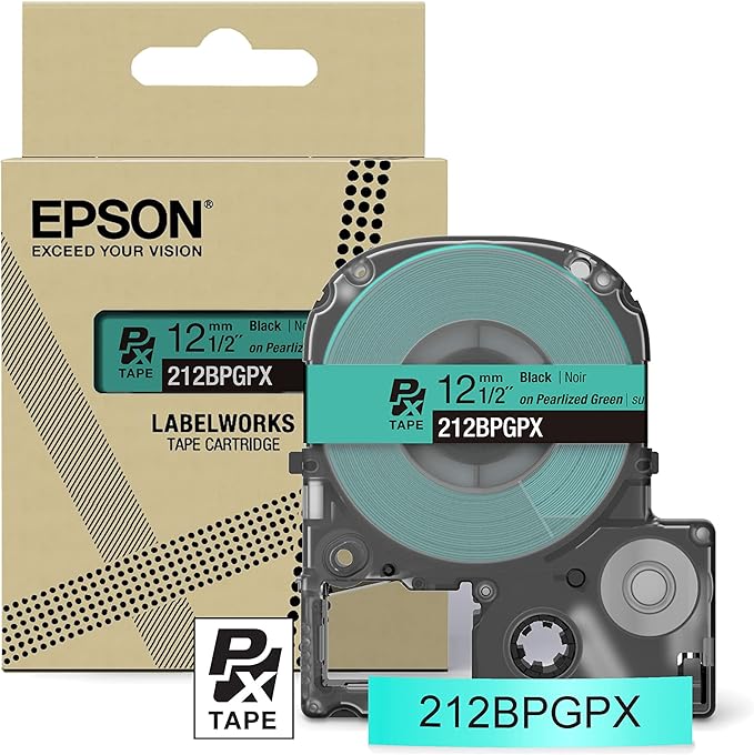 Epson LABELWORKS 212BPGPX Genuine PET (Polyester) Tape Cartridge - Black on Pearl Green Designer Craft Label Maker Tape - 1/2" (12MM) Wide, 30'