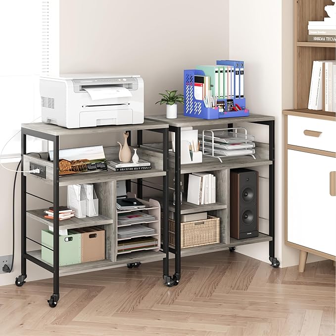 GarveeLife Printer Stand with Power Outlets, 4-Tier Rolling Printer Table with Lockable Wheels, Heavy Duty Printer Cart with Storage, Utility Storage Cart for Home, Office, Gray