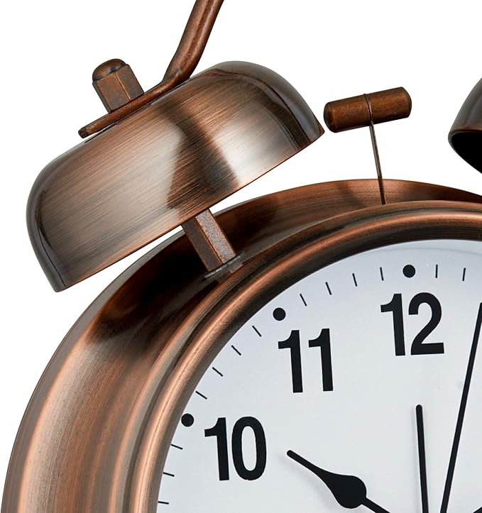 Bernhard Products Analog Alarm Clock Twin Bell Retro Copper Metal 4" Extra Loud Quartz Battery Operated with Backlight for Bedside Table Vintage Silent Non-Ticking Old fashioned Decorative Desk Clocks