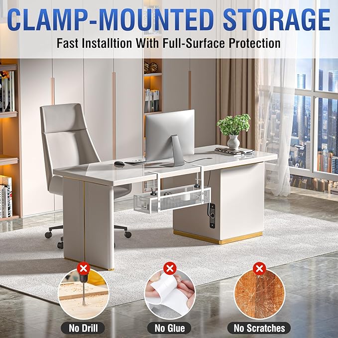 Under Desk Cable Management Tray - GZOKMOG No Drill Cord Organizer with Clamp, Reinforced Metal Mesh Workspace Organizers for Wire, Office Desk Accessories, 1 Pack White, 15.75 inch