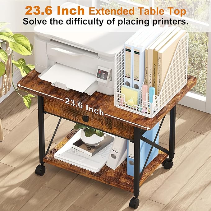EasyCom 23.6" x 15.7" Under Desk Printer Stand with Storage Drawer, 2-Tier Shelf Desktop Printer Table for Desk with Wheels, Large Rolling Cart for Home Office Fits 3D Printer Scanner Rustic Brown