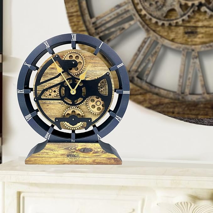 The Gears Clock Desk Clock 10 inches with Real Moving Gears Convertible into Wall Clock (Gold Antique)