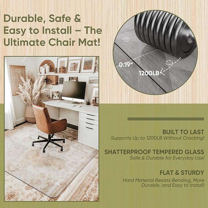 Furnbar Office Chair Mat for Carpet & Hardwood, Upgraded 45" x 55" Dual Use Tempered Glass Chair Mat for Chair and Footrest Under Desk