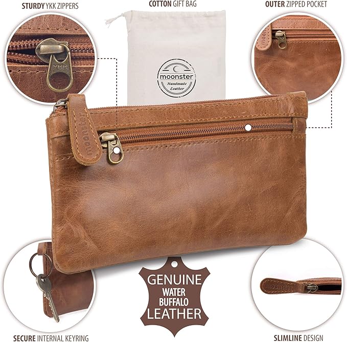 Moonster Leather Pencil Case Pouch 8" x 4" - Leather Pen Case with Zipper