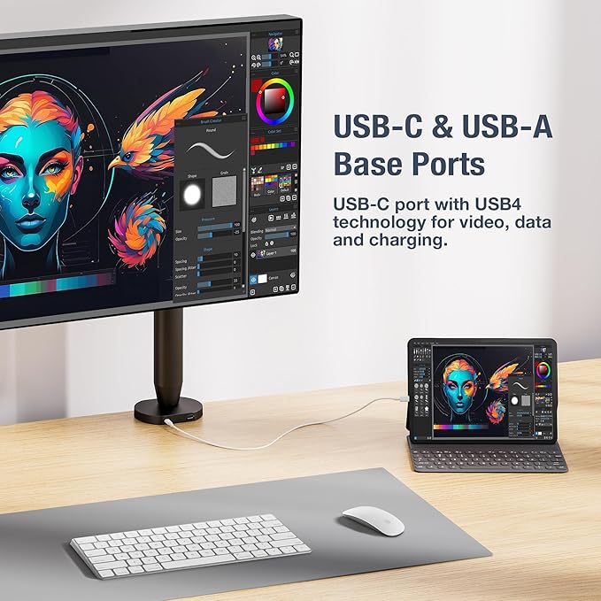 AVLT Single 17"-40" Ultrawide 3-Segment Easel Monitor Arm for Screens Up to 24.3 lbs, Aluminum Designer Stand, Adjustable Pneumatic Height, Full Motion Swivel Tilt Rotation, USB-C USB-A Ports, Black