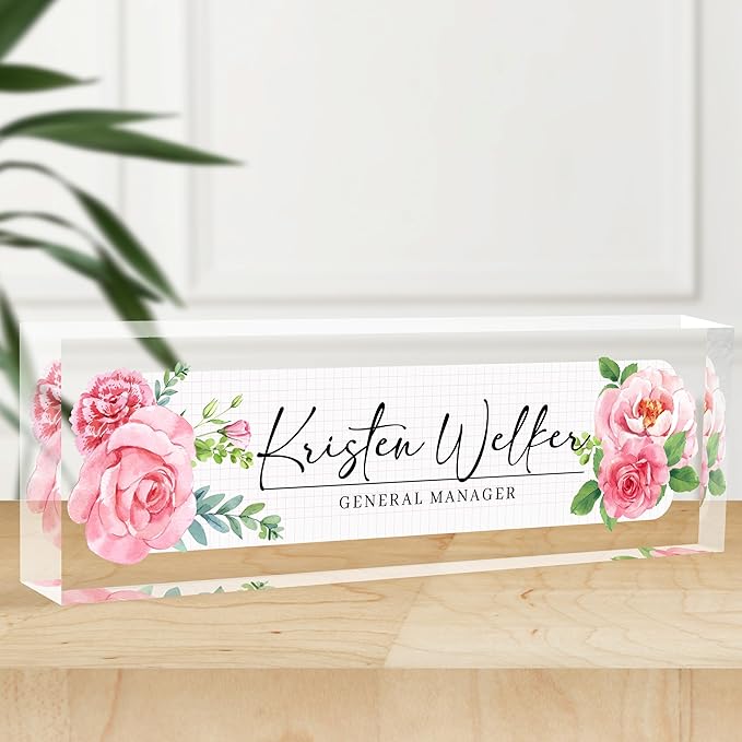 Personalized Office Name Plate, Custom Name Plate for Desks, Office Desk Decorations Gift for Women Men, Acrylic Desk Name Plate for Teacher Coworkers Staff Boss (Pink Flower)