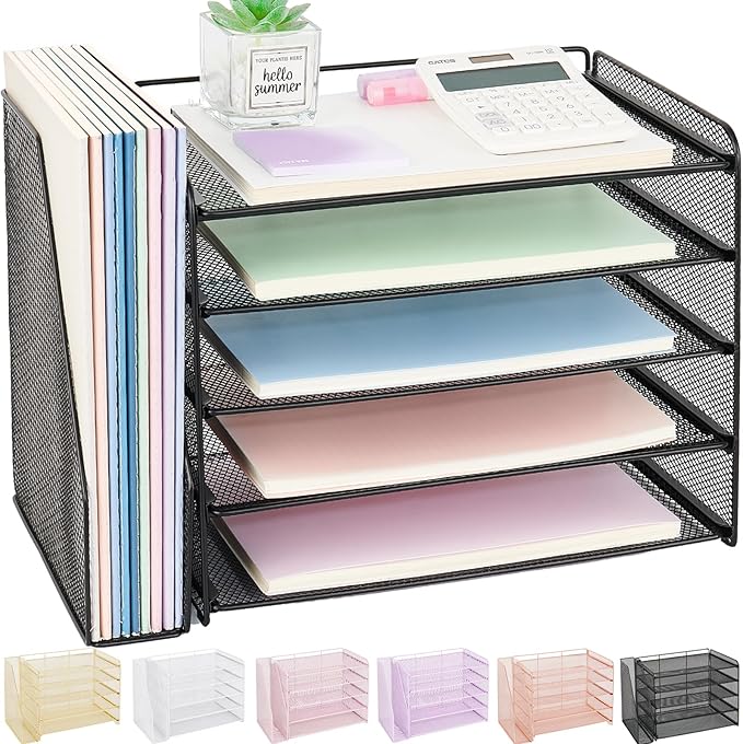 OPNICE Desk Organizer, 5-Tier Paper Organizer Letter Tray with Magazine Holder, Office Desk Accessories & Workspace Organizers, Desktop File Organizer for Office Supplies Storage, Black