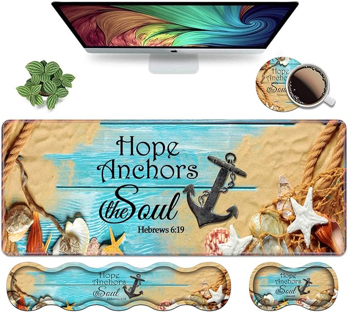 Ergonomic Keyboard Wrist Rest & Mouse Pad Wrist Rest Set, Large XXL Gaming Desk Mat 31.5"x 11.8", Non-Slip Base, Memory Foam, Easy Typing Pain Relief for Office & Home, Bible Verses Hebrews 6:19