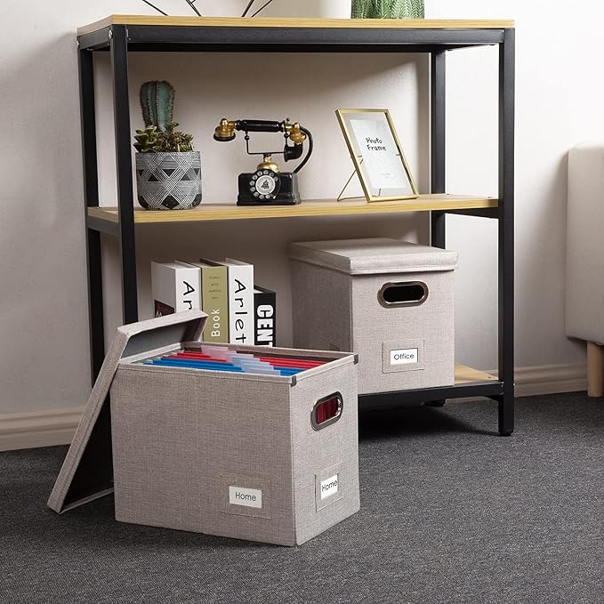 PRANDOM File Organizer Box - Set of 2 Collapsible Decorative Linen Filing Storage Hanging File Folders with Lids Office Cabinet Letter Size Light Grey (14x9.3x10.8 inch)