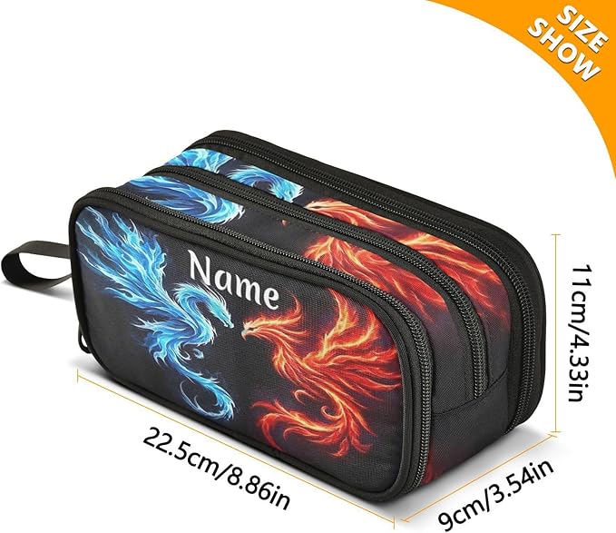 Custom Dragon Phoenix Pencil Case Box Boys Girls Personalized Name Large Pencil Pouch Stationery Pen Bag Organizer for Kids Adults School Office
