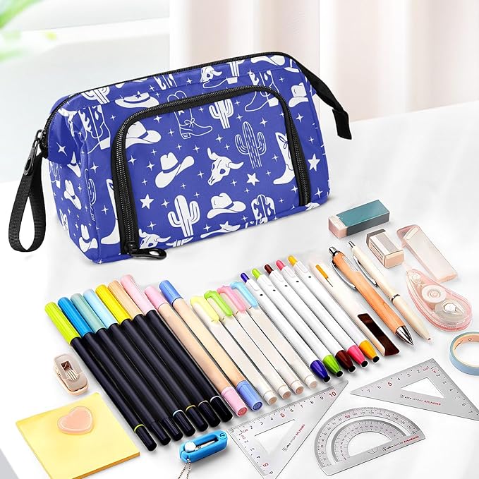 Western Cowboy Blue Pencil Case Pouch Big Capacity Pencil Bag Box Organizer Pen Case with Handle Pencil Cases for Girls Boys Women Kids Adults School