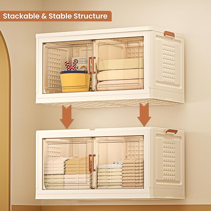 FINCHESCLUB 376QT Large Stackable Storage Bins with Lids, 94Gal Foldable Storage Bins with Doors and Wheels, Collapsible Closet Organizers for Home Office, Christmas Gifts - 2 Pack - Off White