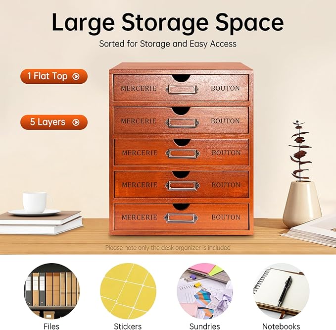 Stackable Wooden Desk Organizer with 5 Drawers Retro Brown Modular Storage Boxes for Home Office, Makeup, Stationery - No Assembly Required