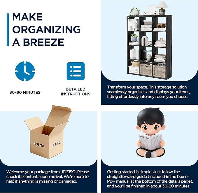 12-Cube Storage Organizer, Wooden Cube Shelf Bookcase with Reinforced Thick Shelves, Heavy-Duty 36.93" L x 9.37" W x 48.82" H, for Living Room Bedroom Home Office, Black