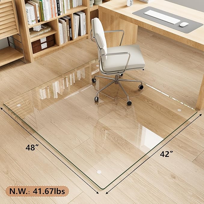 Tempered Glass Chair Mat for Carpet & Hard Floor, 42"x48" Office Chair Mat - Heavy Duty & Scratch Resistant, Non-Slip Pads, Rounded Corners & Polished Edges