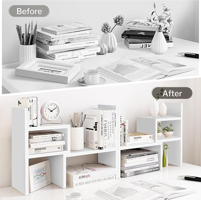 Jerry & Maggie - Desktop Organizer Office Storage Rack Adjustable Wood Display Shelf | Birthday Gifts - Toy - Home Decor | - Free Style Rotation Display - True Natural Stand Shelf (White)