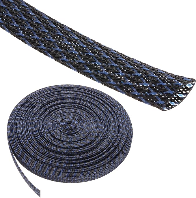 100ft PET Expandable Wire Loom 3/4 Inch, PET Braided Wire Sleeving Cable Management Sleeve Tubing [for Audio Video Home Office Cord Protector]-Black, Blue