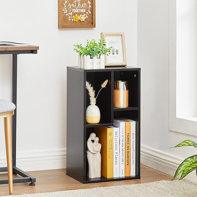 VECELO 3-Cube Open Bookcase, Small Bookshelf with Height Difference Shelves for Most Books, Horizontal Available, 2-Tier Storage Organizer for Home Office, Living Room,Vintage Black