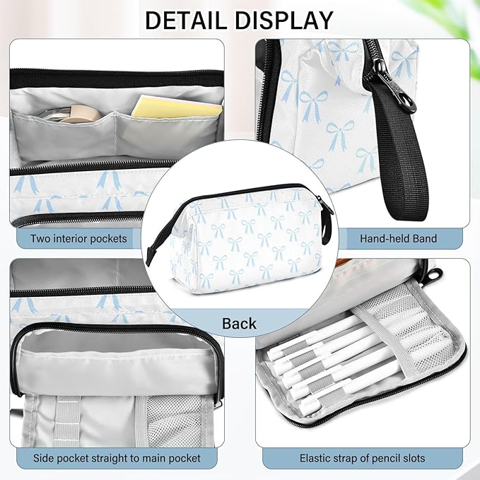 Bow White Pencil Case Pouch Big Capacity Pencil Bag Box Organizer Pen Case with Compartmens Stationery Organizer for Girls Boys Adults Women School Office