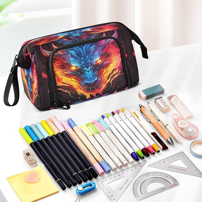 Dragon Fire Pencil Case Pouch Big Capacity Pencil Bag Box Organizer Pen Case with Handle Stationery Organizer for Girls Boys Women Kids Adults School